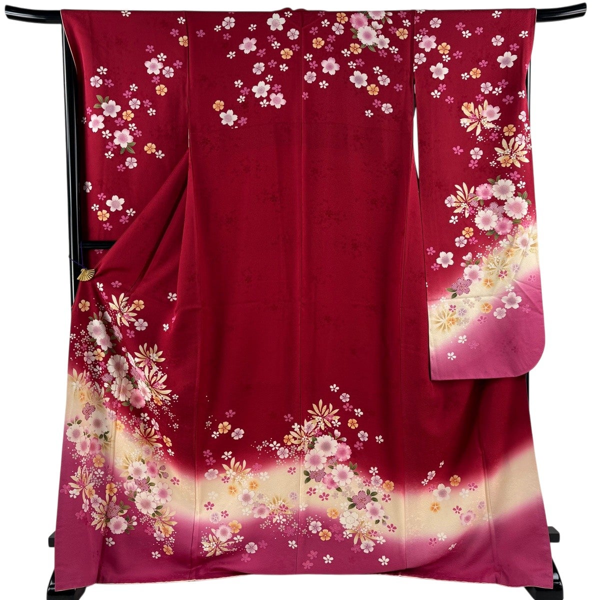 振袖 身丈170cm 裄丈68.5cm L 袷 やまと 草花 桜の花びら 金彩 紺色
