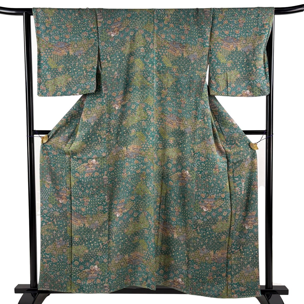 美品】 小紋 身丈157cm 裄丈66cm M 袷 二代目 更甚 落款あり 建物 草花
