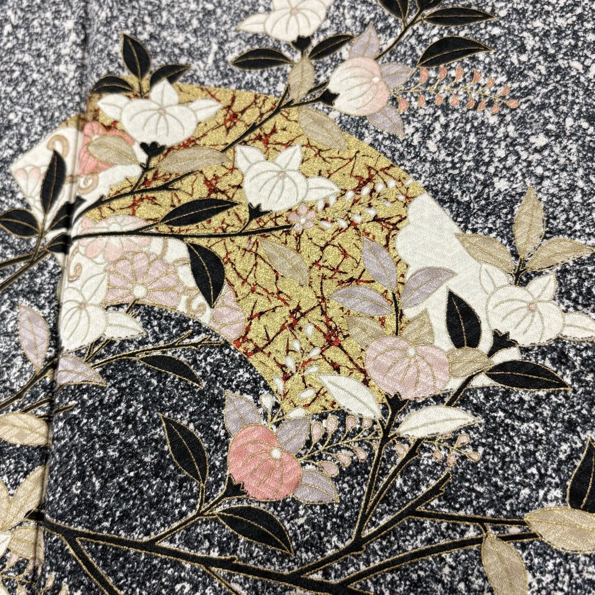 訪問着 身丈162cm 裄丈64cm M 袷 扇面 秋草 金彩 黒灰 正絹 秀品｜中古