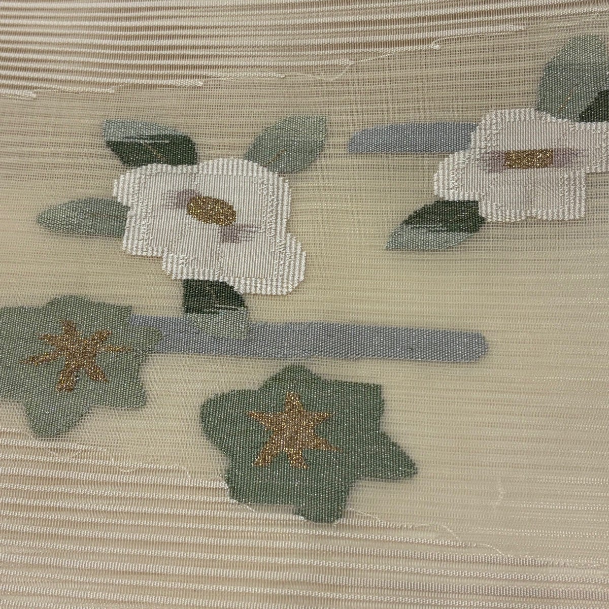 美品】 名古屋帯 秀品 夏帯 絽 草花 霞 箔 銀糸 クリーム 正絹｜中古