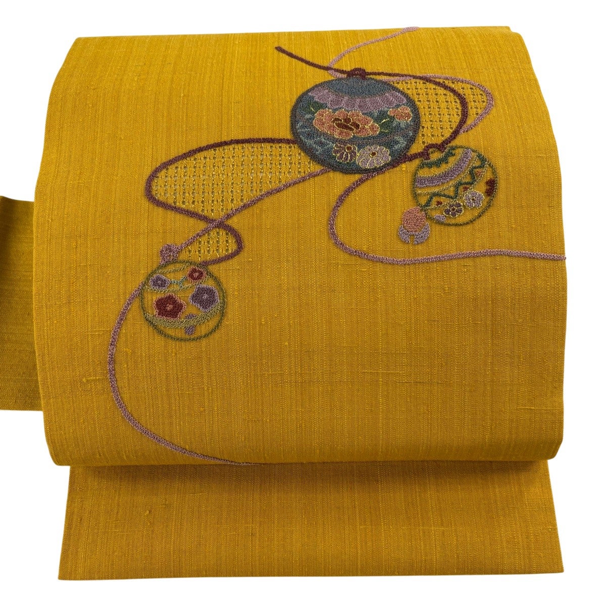 美品】 名古屋帯 秀品 紬地 鈴 草花 刺繍 金糸 山吹色 正絹｜中古