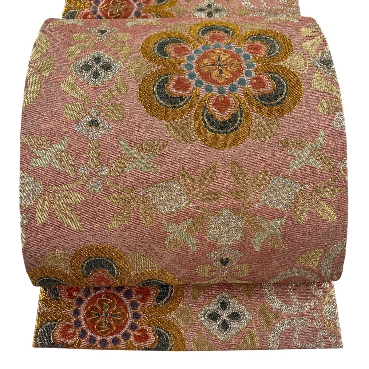 50%OFF 【美品】 袋帯 秀品 華文 草花 金糸 箔 ピンク 六通 正絹 K50
