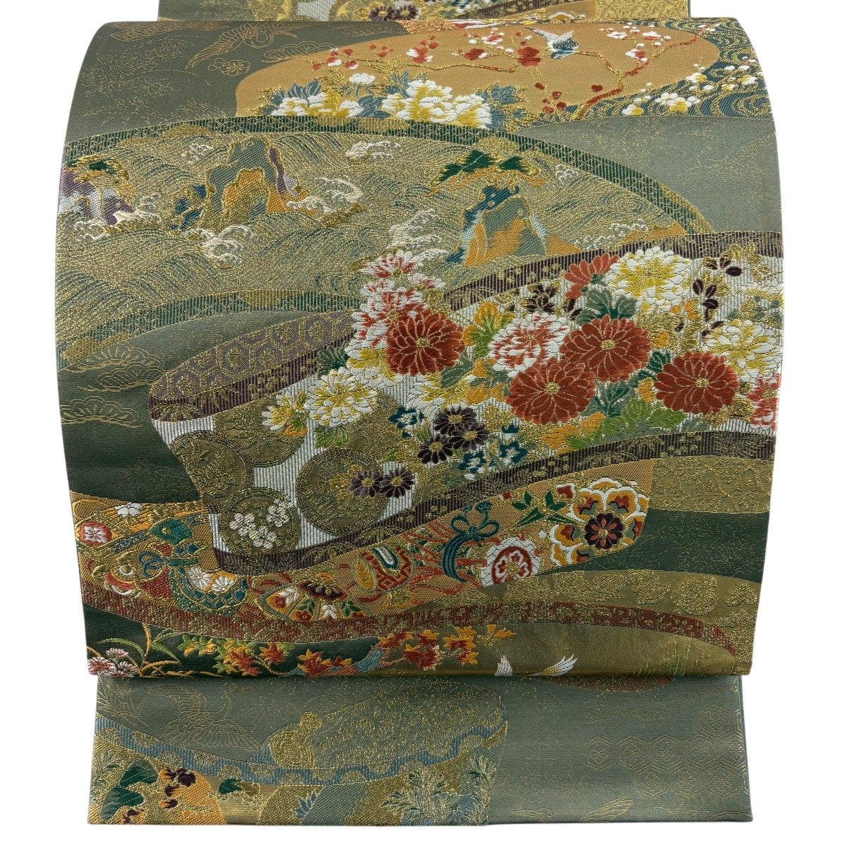 美品】袋帯 名品 CLUB mola 花鳥 魚 箔 金銀糸 赤茶 六通 正絹｜中古