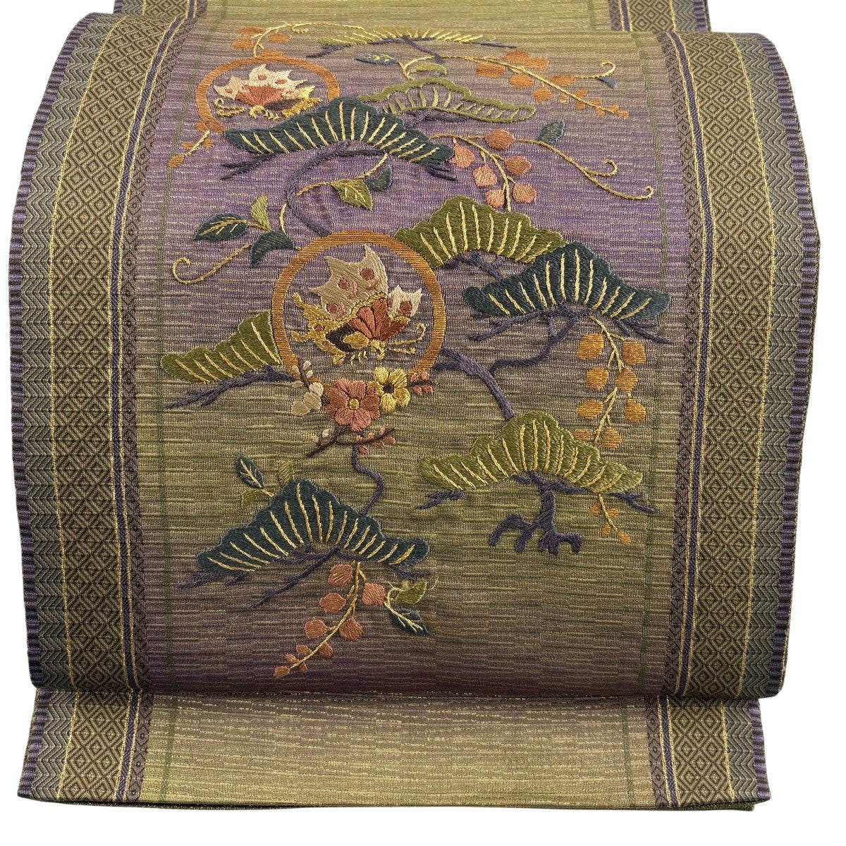 袋帯 名品 落款あり 花鳥 笠松 金彩 箔 金色 お太鼓柄 正絹｜中古