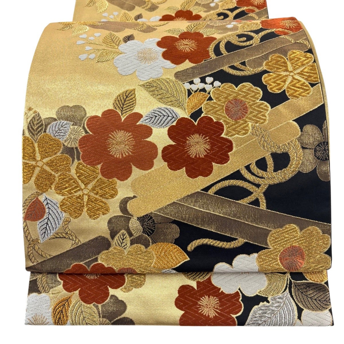 袋帯 秀品 振袖向き 鈴乃屋 桜 華文 金銀糸 箔 白 六通 正絹｜中古