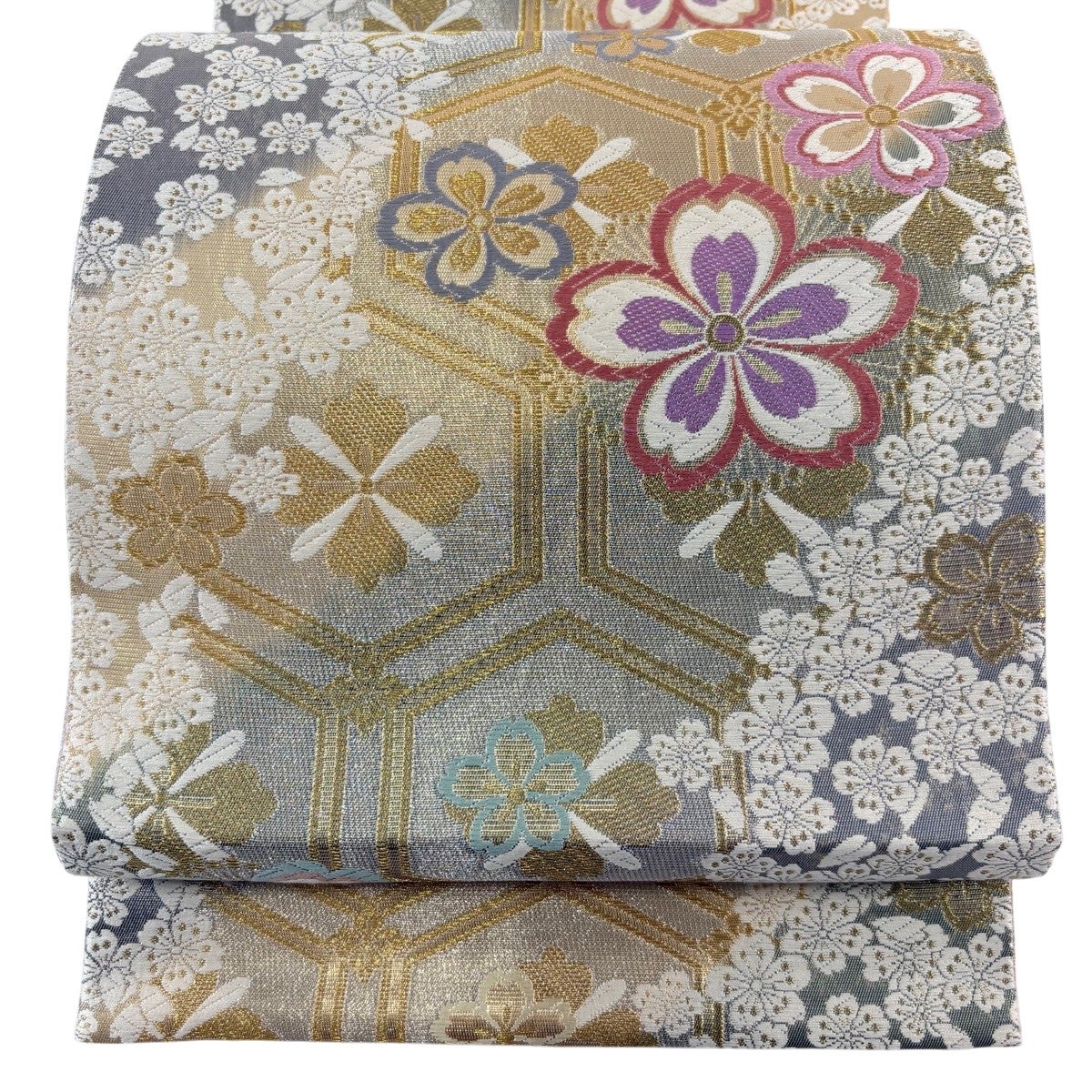 美品】 袋帯 秀品 振袖向き 夢桜 桜 花びら 金銀糸 箔 薄紫 六通 正絹
