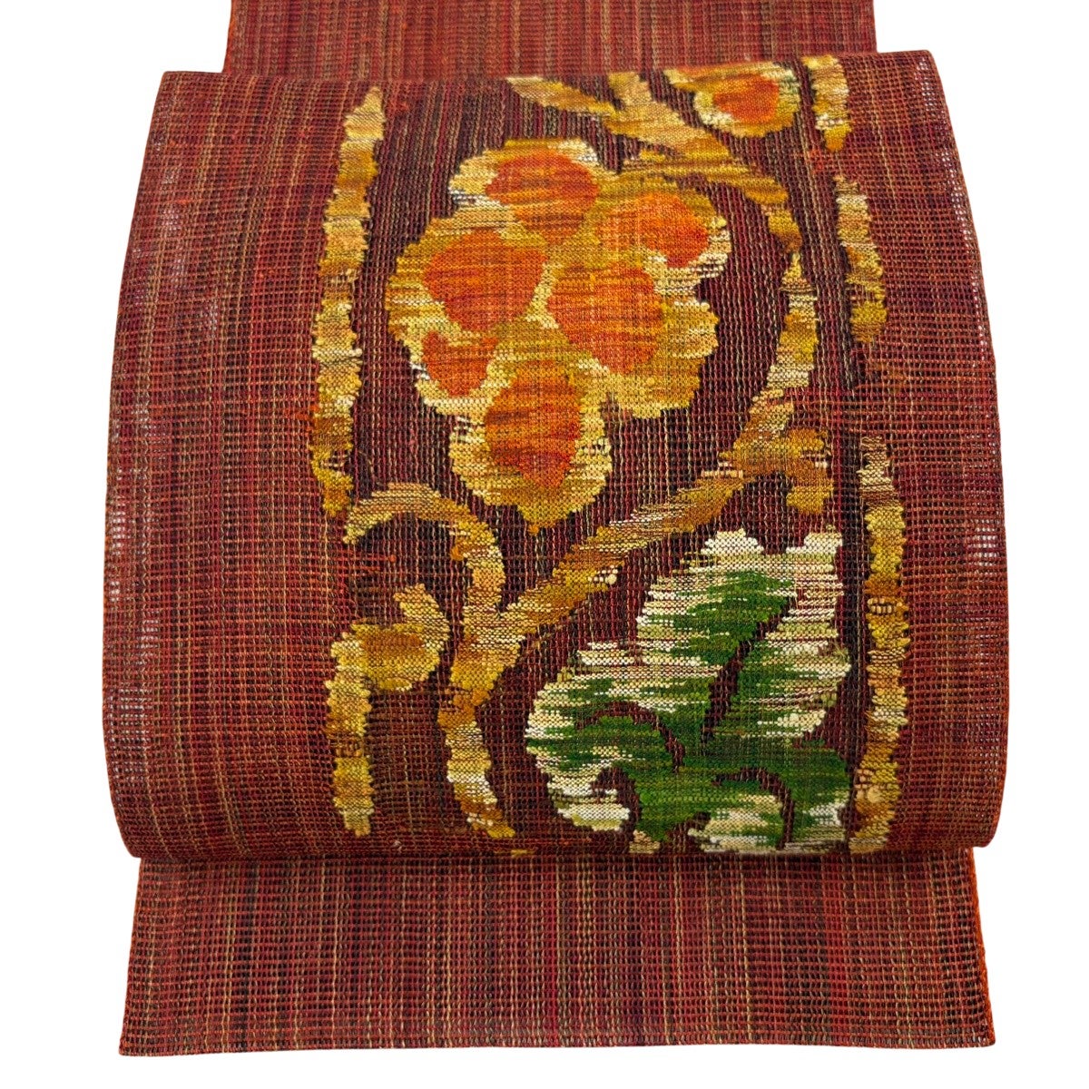 美品】 名古屋帯 秀品 夏帯 松葉仕立て 八寸名古屋帯 草花 朱色 正絹