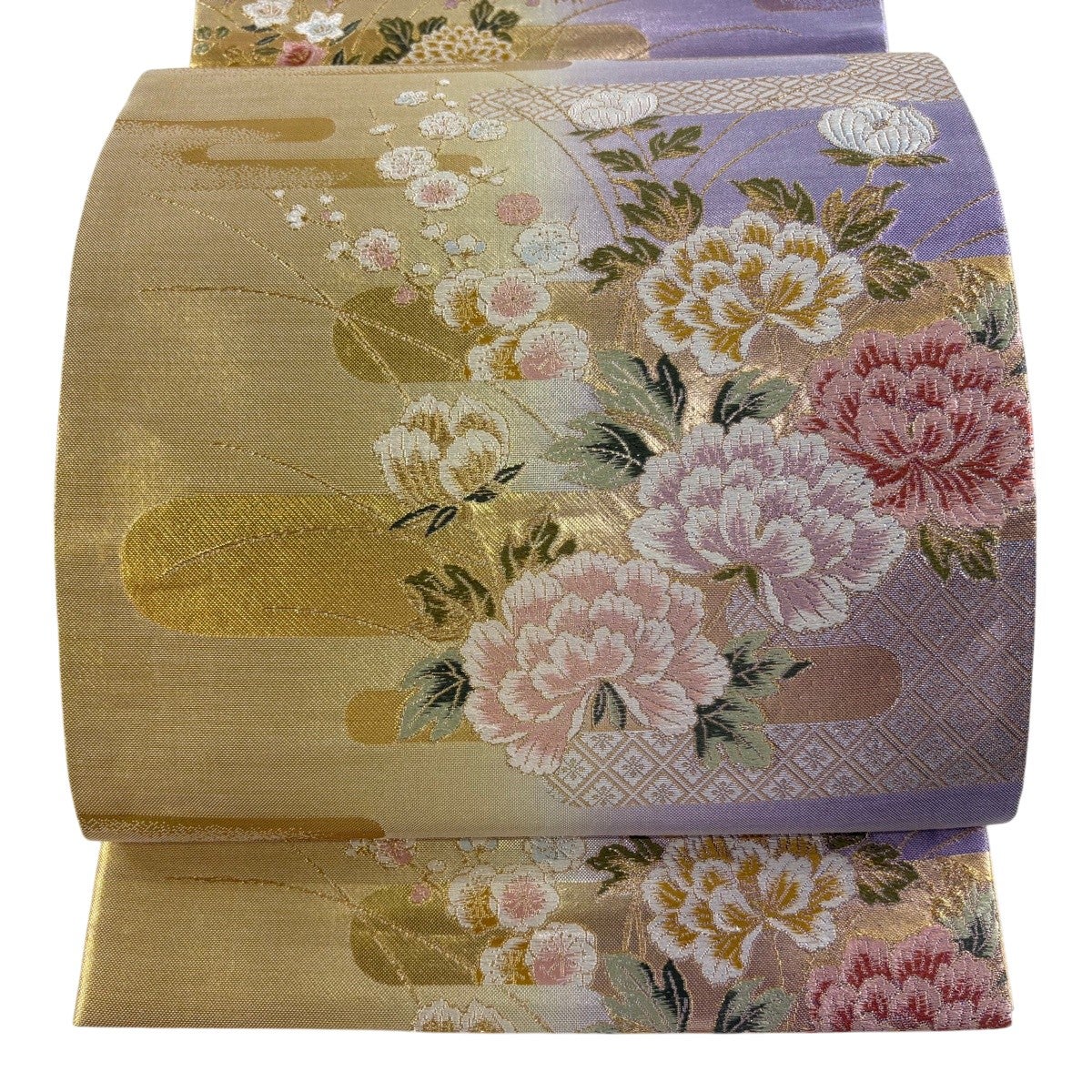 美品】 袋帯 秀品 草花 ヱ霞 金糸 箔 茶緑色 六通 正絹｜中古・古着