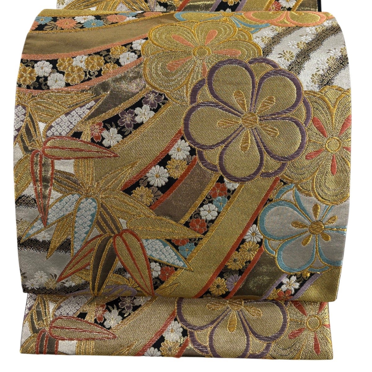 美品】 袋帯 秀品 粋雅 梅 笹 金糸 箔 茶緑色 六通 正絹｜中古・古着