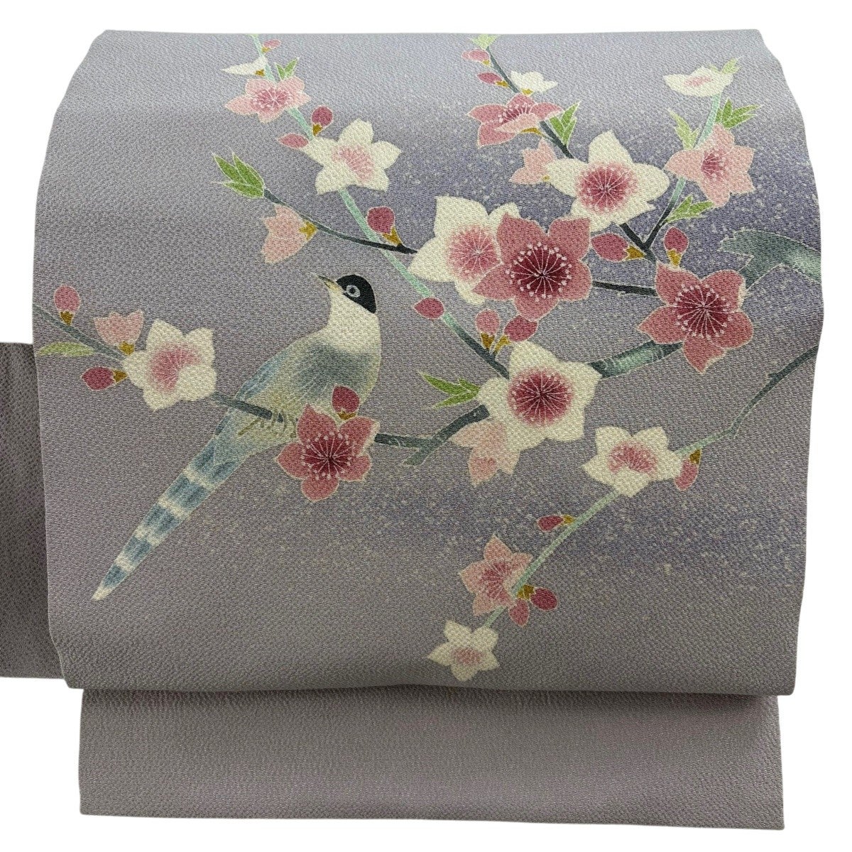 名古屋帯 秀品 落款あり 枝花 鳥 縮緬 灰紫 正絹｜中古・古着