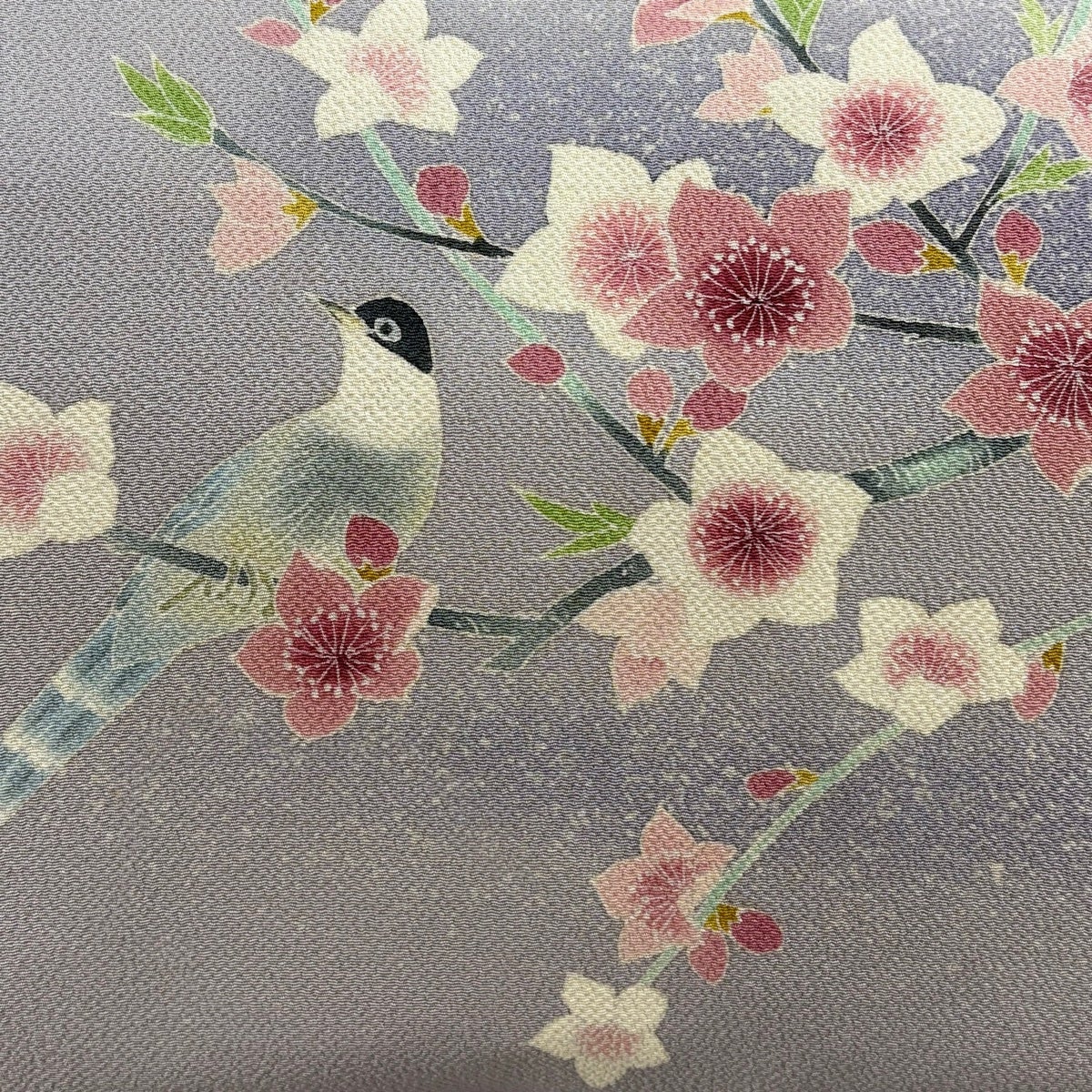 名古屋帯 秀品 落款あり 枝花 鳥 縮緬 灰紫 正絹｜中古・古着
