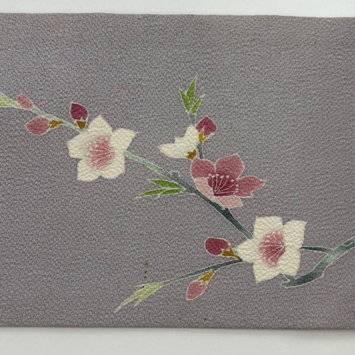 名古屋帯 秀品 落款あり 枝花 鳥 縮緬 灰紫 正絹｜中古・古着