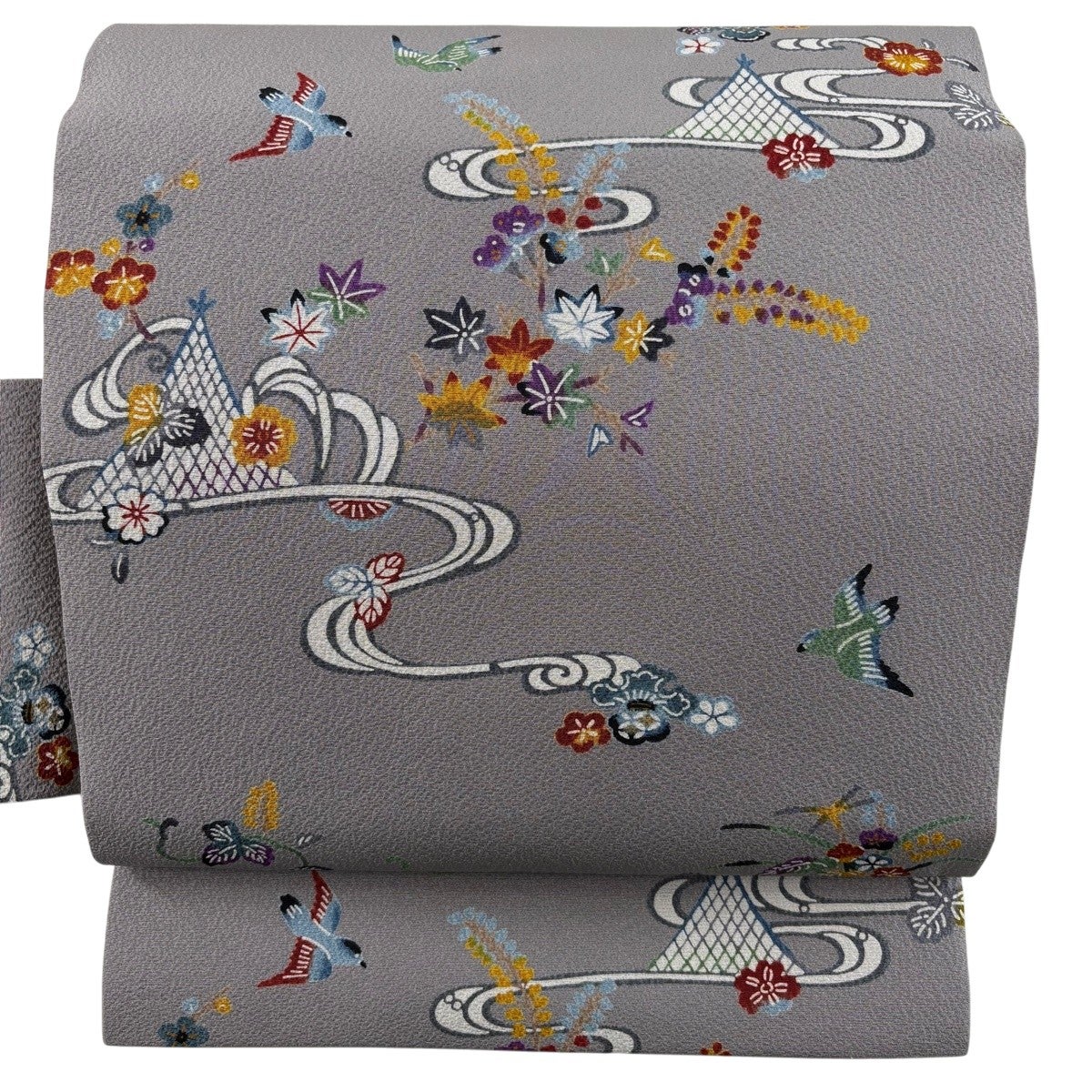 美品】 名古屋帯 名品 落款あり 菊 若松 灰色 正絹｜中古・古着