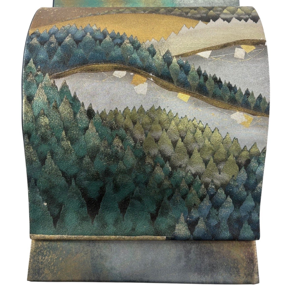美品】 袋帯 秀品 風景 樹木 金銀彩 茶緑色 お太鼓柄 正絹｜中古・古着