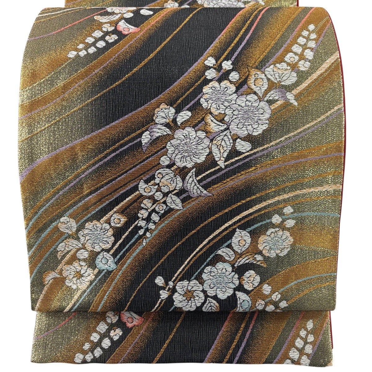 美品】 袋帯 秀品 草花 よろけ縞 金糸 箔 金色 六通 正絹｜中古・古着