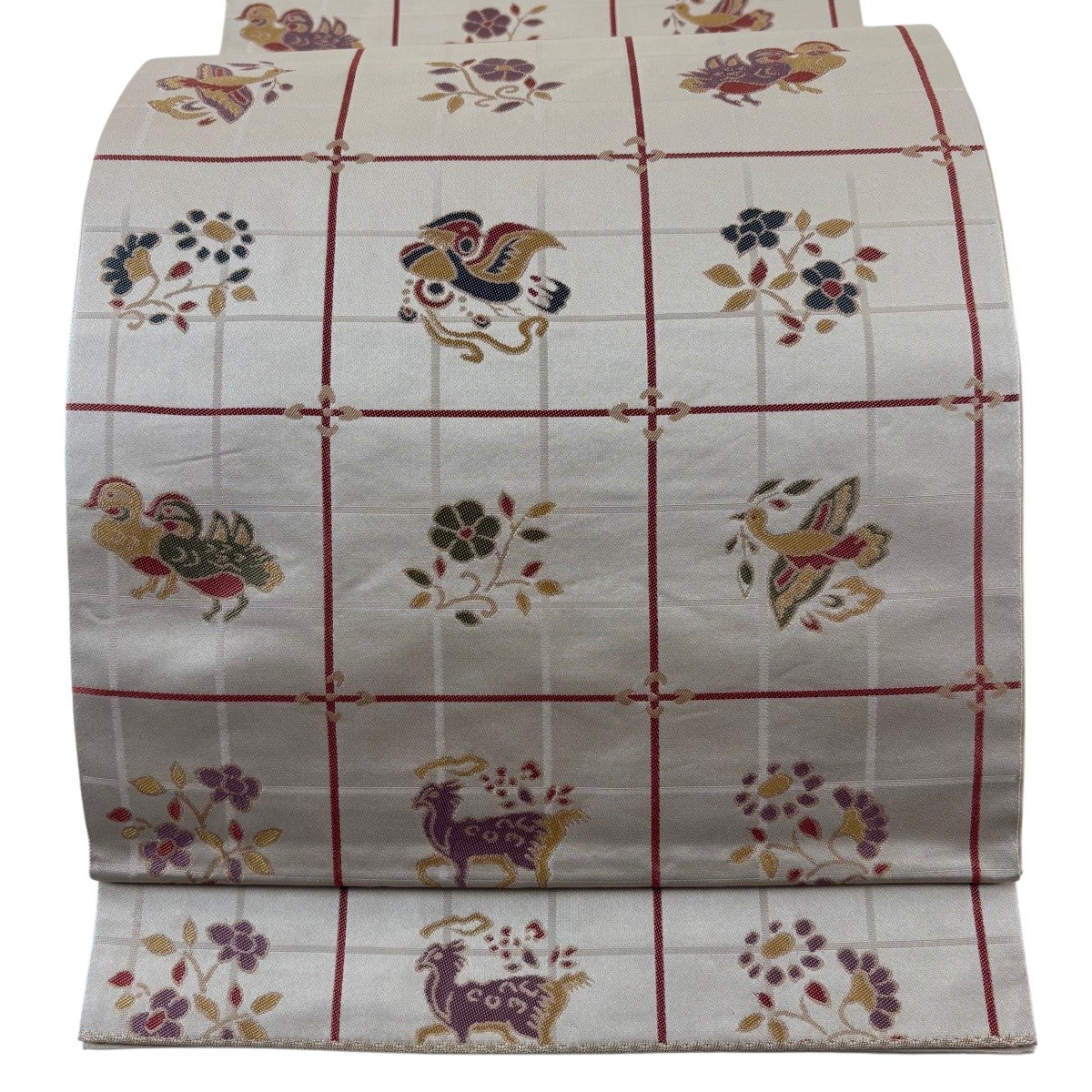 美品】 袋帯 秀品 落款あり あらいそ 関西仕立て 草花 鳥 箔 ベージュ