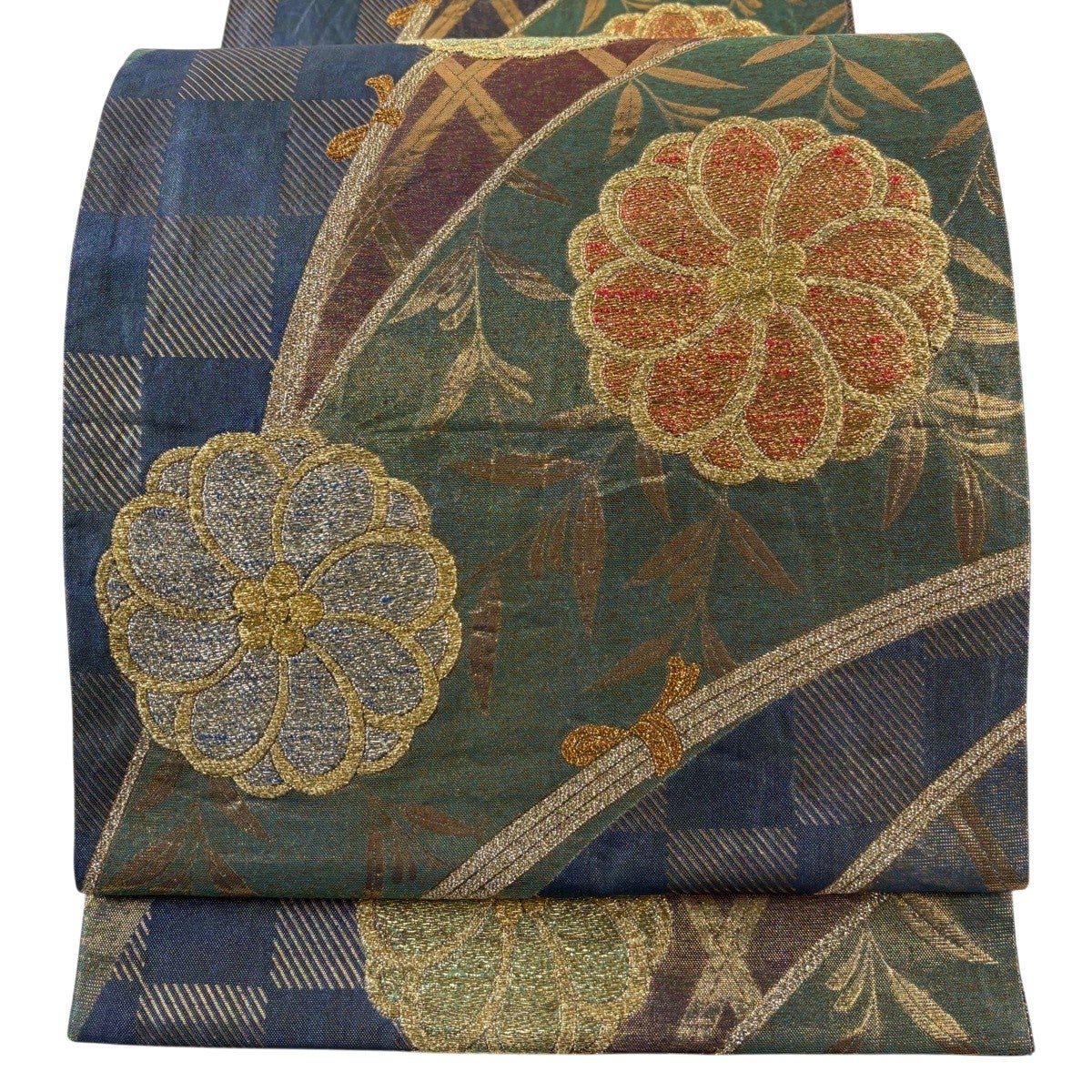 袋帯 秀品 草花 市松 箔 緑 六通 正絹｜中古・古着・リサイクル着物