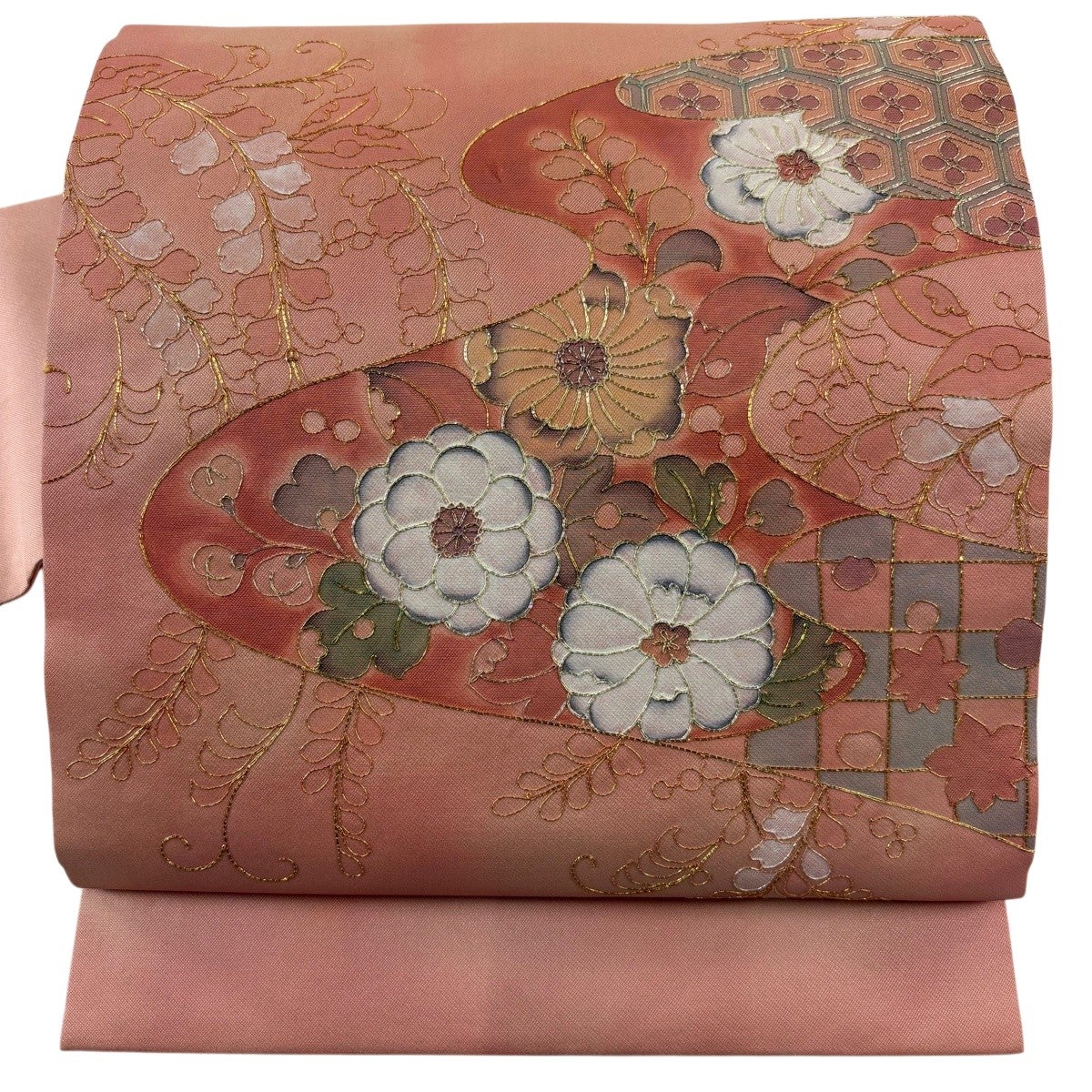 美品】 名古屋帯 秀品 辻が花柄 亀甲 金銀糸 サーモンピンク 正絹