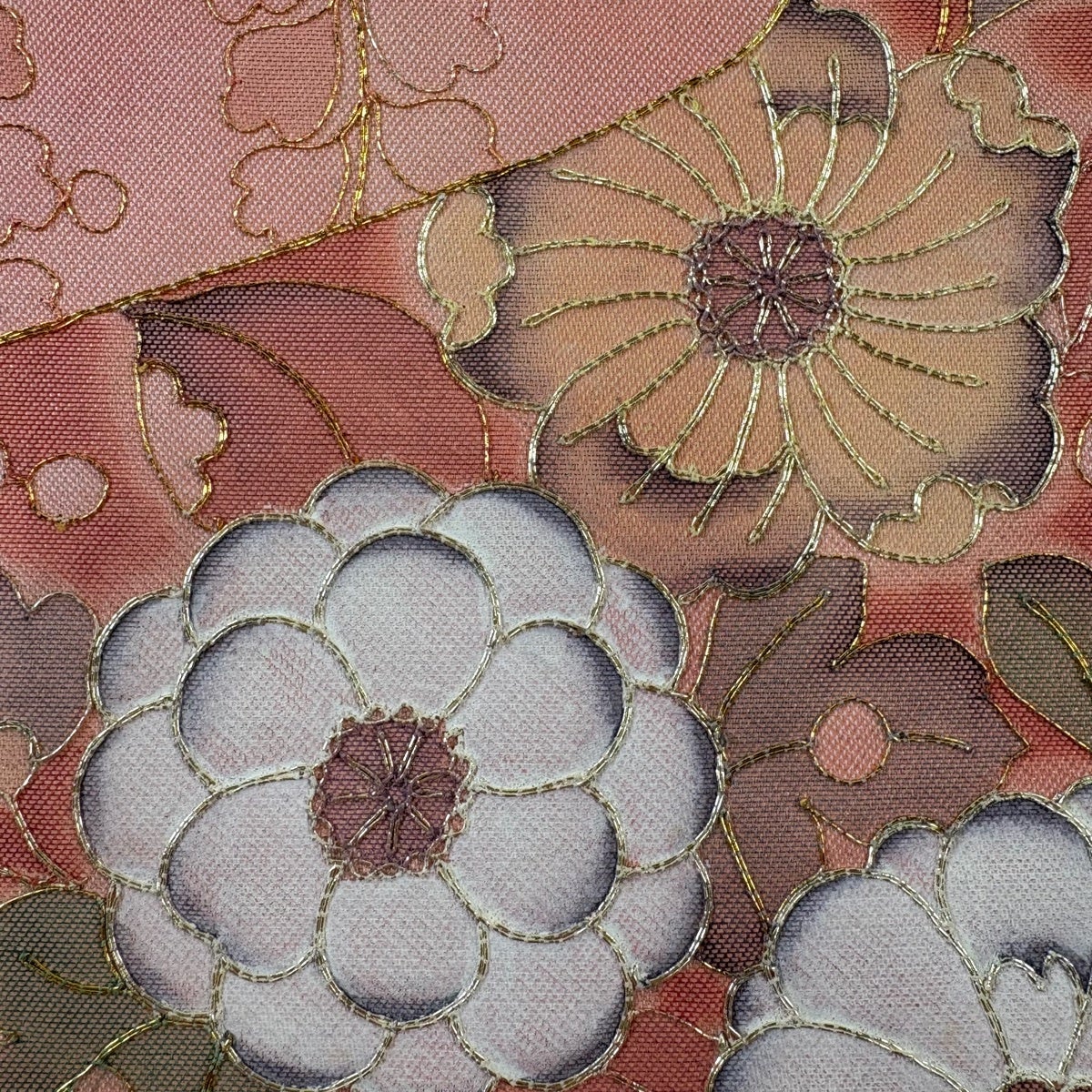 美品】 名古屋帯 秀品 辻が花柄 亀甲 金銀糸 サーモンピンク 正絹