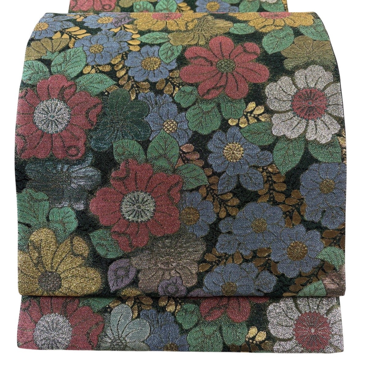 美品】 袋帯 秀品 草花 金糸 箔 深緑 六通 正絹｜中古・古着