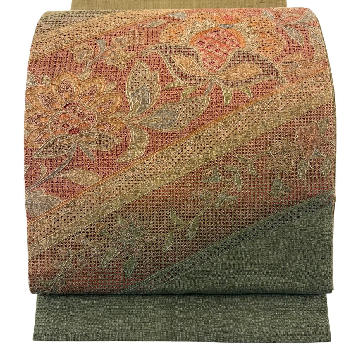美品】 袋帯 秀品 紬地 草花 菱 刺繍 茶緑色 お太鼓柄 正絹｜中古