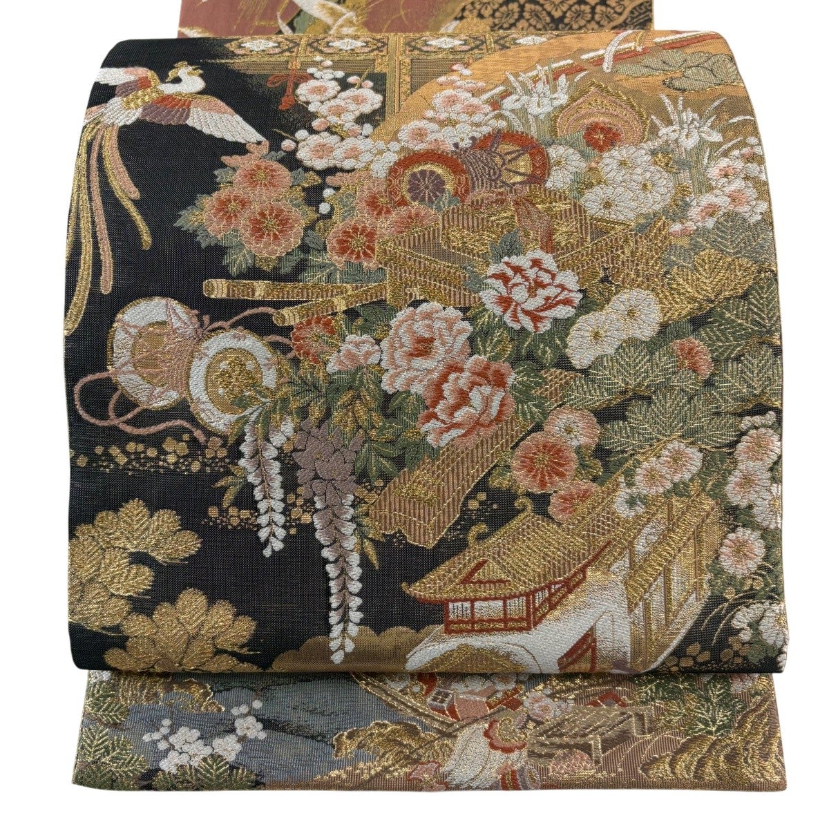 美品】 袋帯 秀品 花鳥 鼓 金糸 箔 墨色 お太鼓柄 正絹｜中古・古着