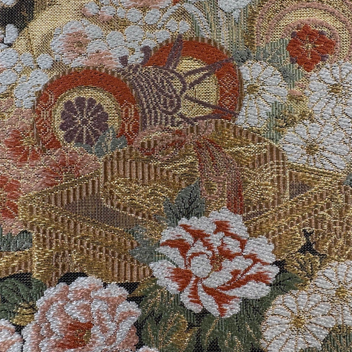 美品】 袋帯 秀品 花鳥 鼓 金糸 箔 墨色 お太鼓柄 正絹｜中古・古着