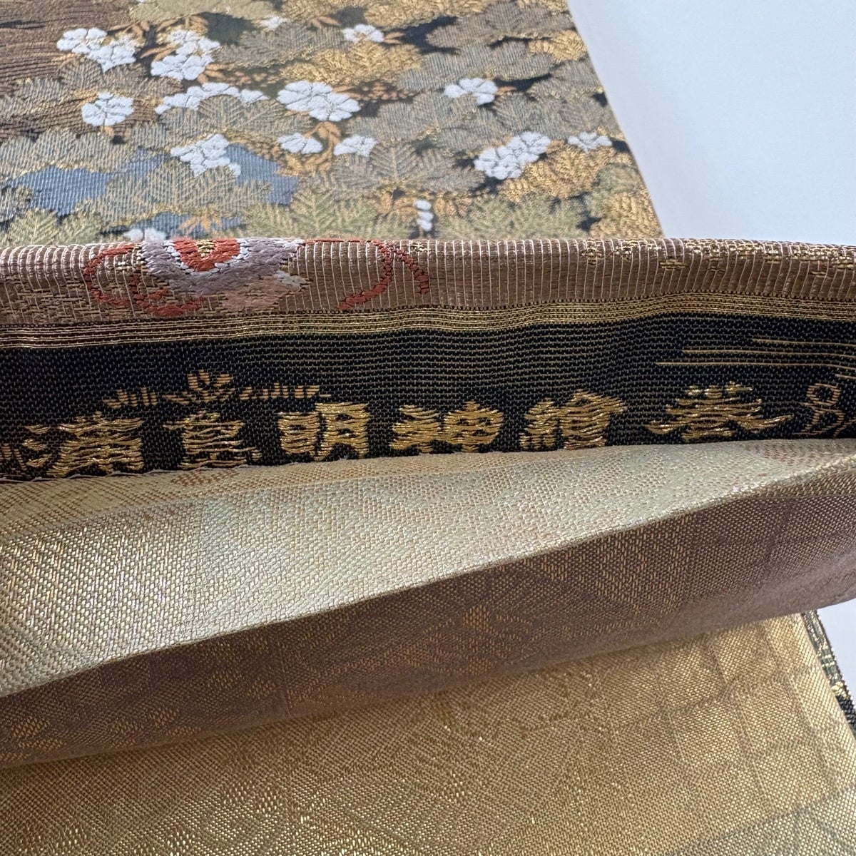 美品】 袋帯 秀品 花鳥 鼓 金糸 箔 墨色 お太鼓柄 正絹｜中古・古着