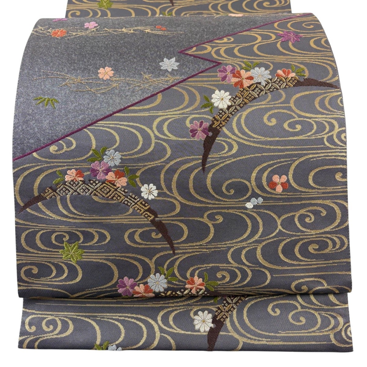 H-313 袋帯 正絹 お太鼓柄 丸文様 花唐草 孔雀 茶金 グレー 美品】 袋帯 秀品 じゅらく 落款あり 松竹梅 雪芝 金糸 箔 灰色 お太鼓