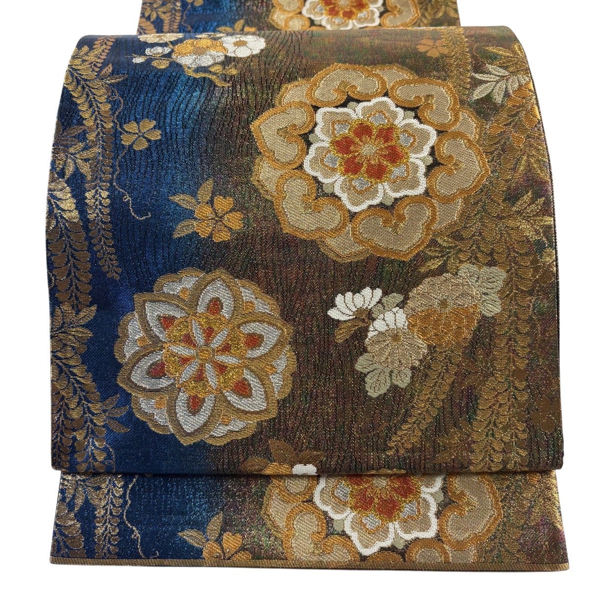 美品】 袋帯 秀品 華文 草花 金銀糸 箔 青 六通 正絹｜中古・古着