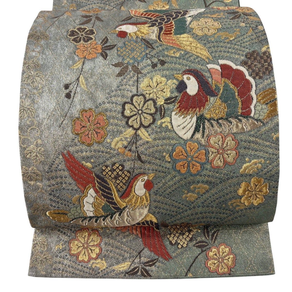 美品】 袋帯 秀品 関西仕立て 鳥 枝垂れ桜 金糸 箔 灰緑 六通 正絹