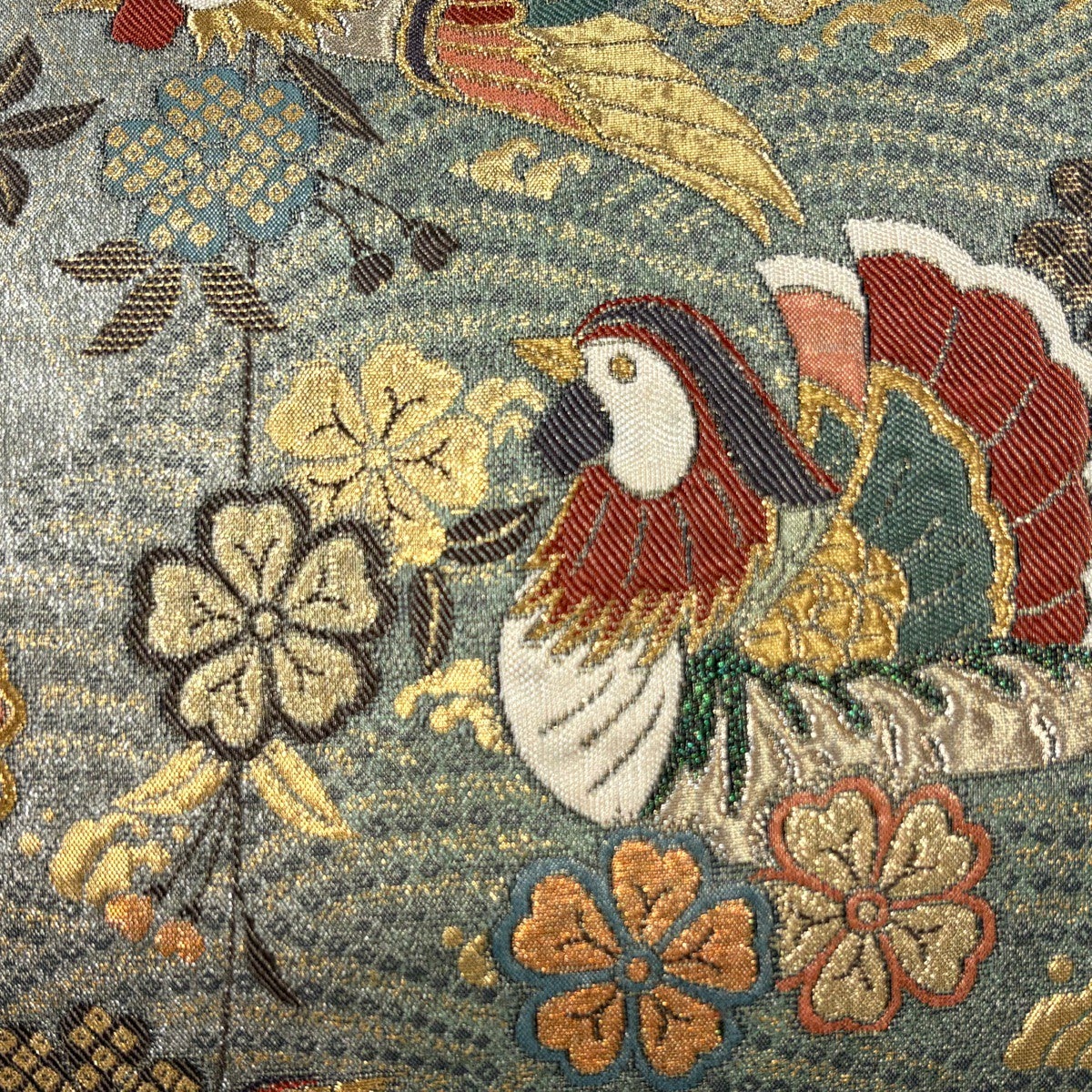 美品】 袋帯 秀品 関西仕立て 鳥 枝垂れ桜 金糸 箔 灰緑 六通 正絹