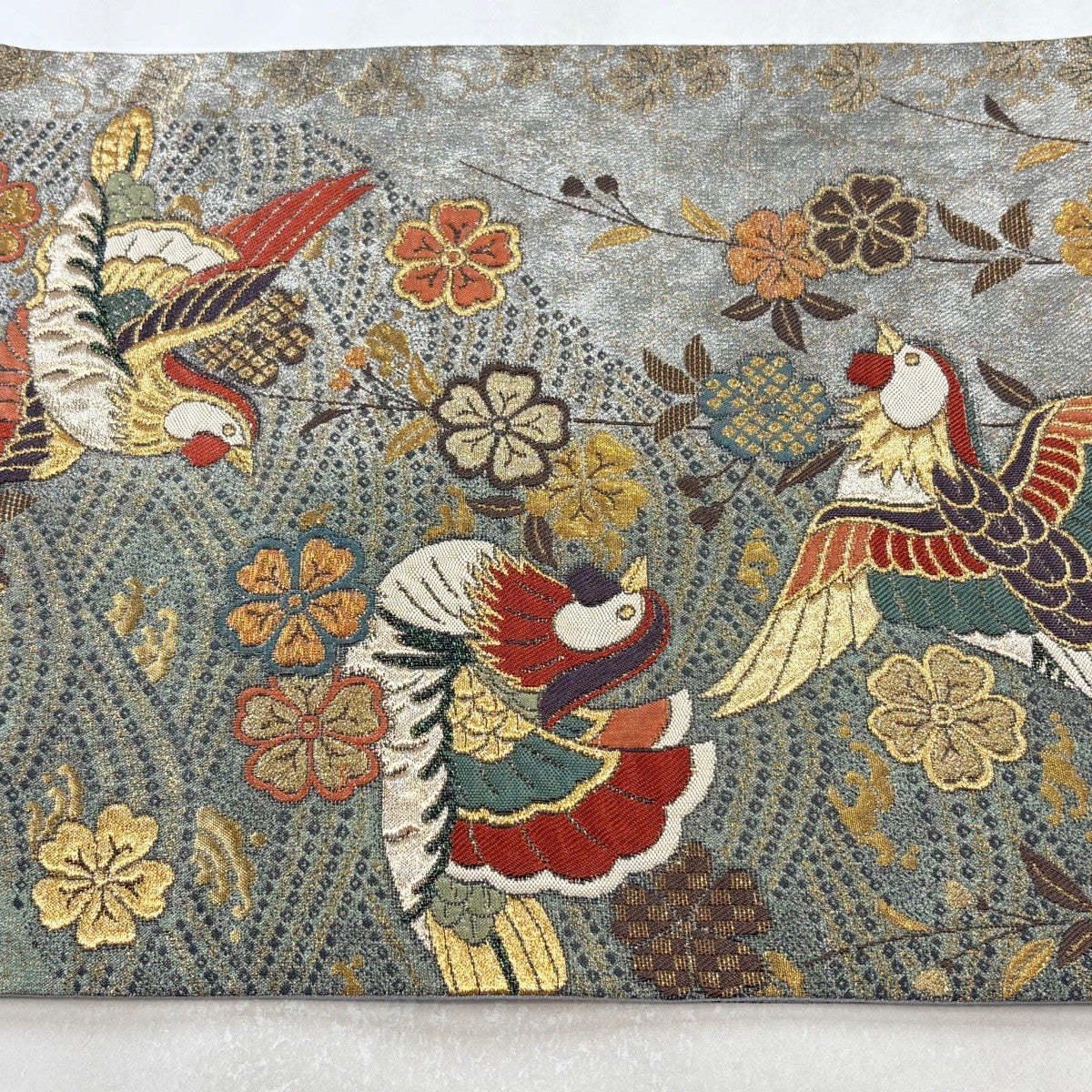 美品】 袋帯 秀品 関西仕立て 鳥 枝垂れ桜 金糸 箔 灰緑 六通 正絹 美品】 袋帯 秀品 関西仕立て 鳥 枝垂れ桜 金糸 箔 灰緑 六通 正絹