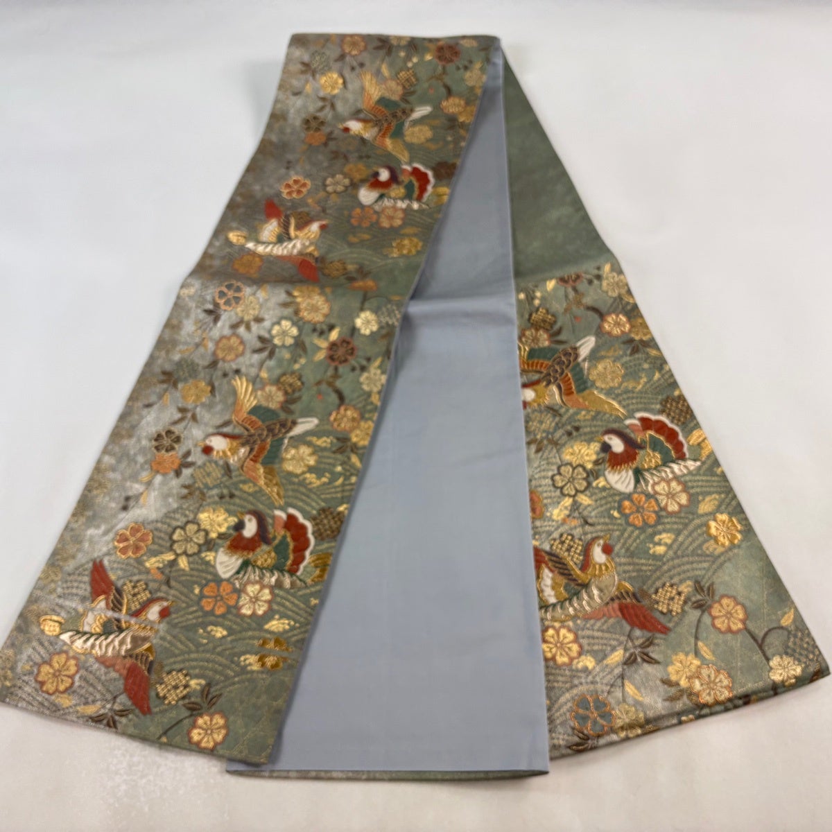 美品】 袋帯 秀品 関西仕立て 鳥 枝垂れ桜 金糸 箔 灰緑 六通 正絹