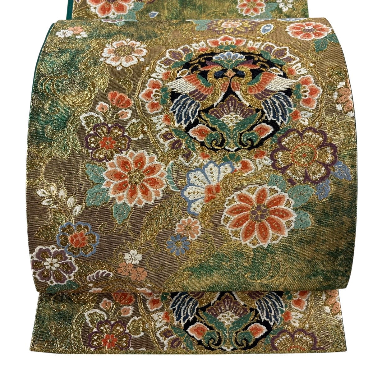 美品】 袋帯 秀品 向かい鳥 草花 金糸 箔 緑 六通 正絹｜中古・古着