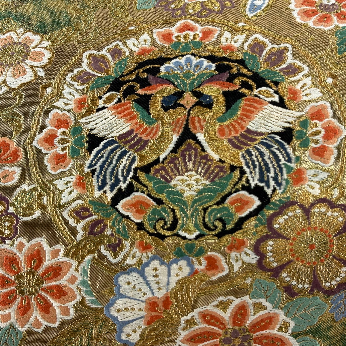 美品】 袋帯 秀品 向かい鳥 草花 金糸 箔 緑 六通 正絹｜中古・古着