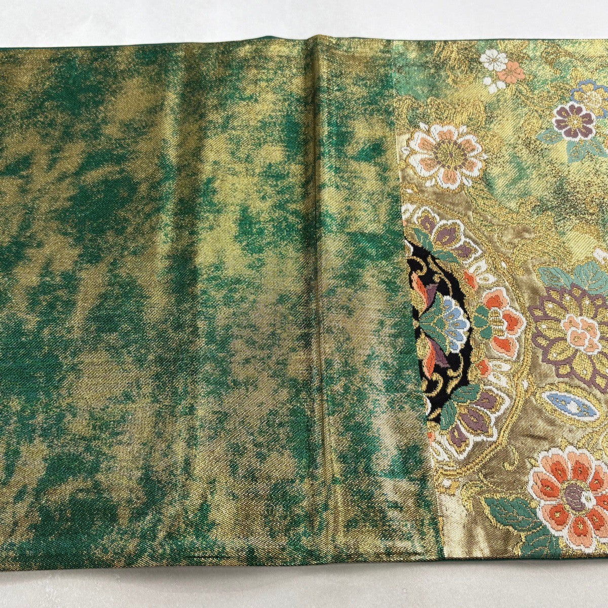 美品】 袋帯 秀品 向かい鳥 草花 金糸 箔 緑 六通 正絹｜中古・古着