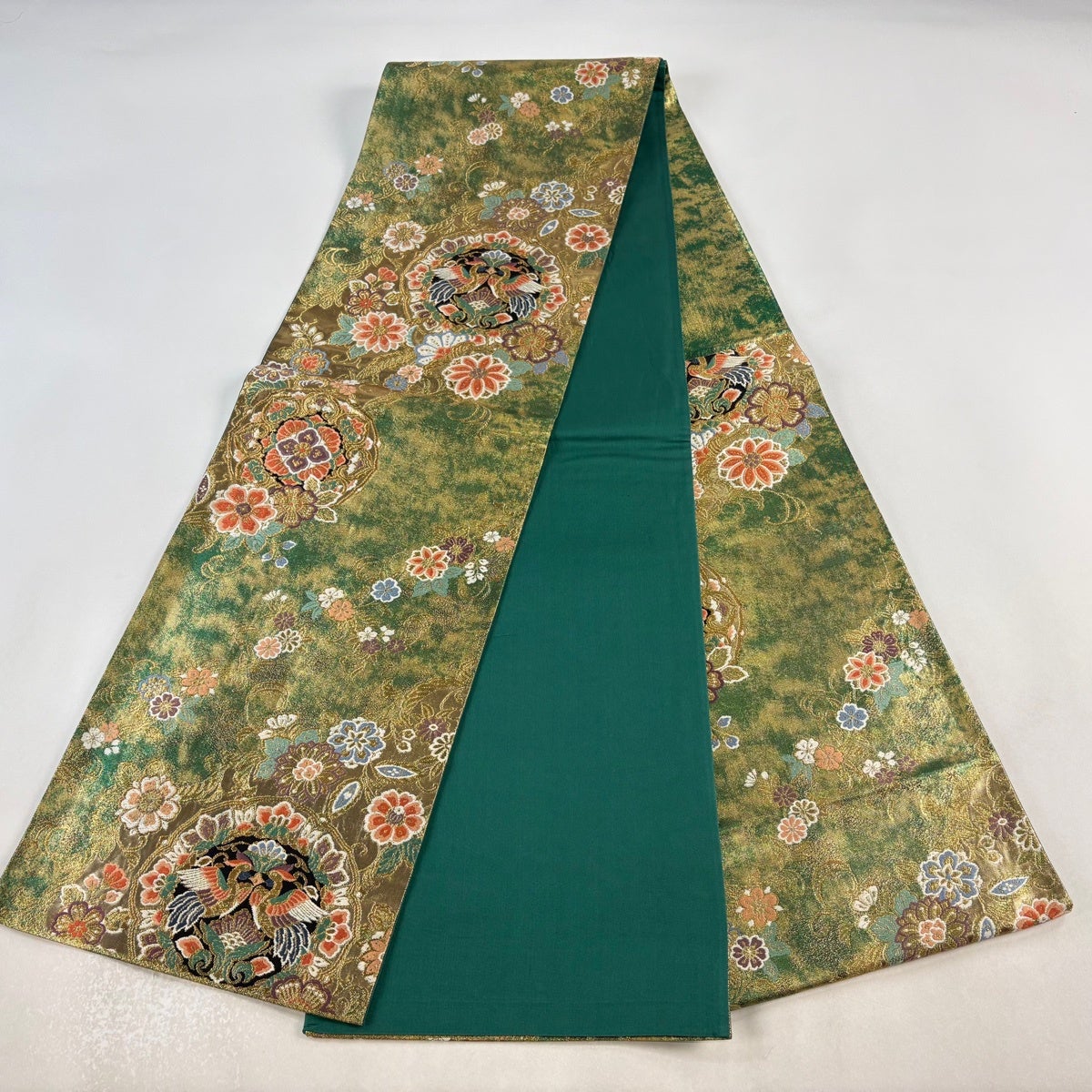♥美品♥金糸の花と鳥の刺繍が華やかな緑色の袋帯 美品】 袋帯 秀品 向かい鳥 草花 金糸 箔 緑 六通 正絹｜中古・古着