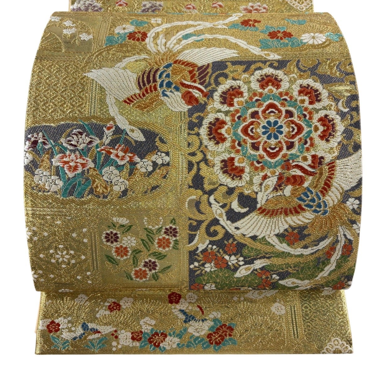 美品】 袋帯 秀品 草花 尾長鶏 金糸 箔 金色 六通 正絹｜中古・古着