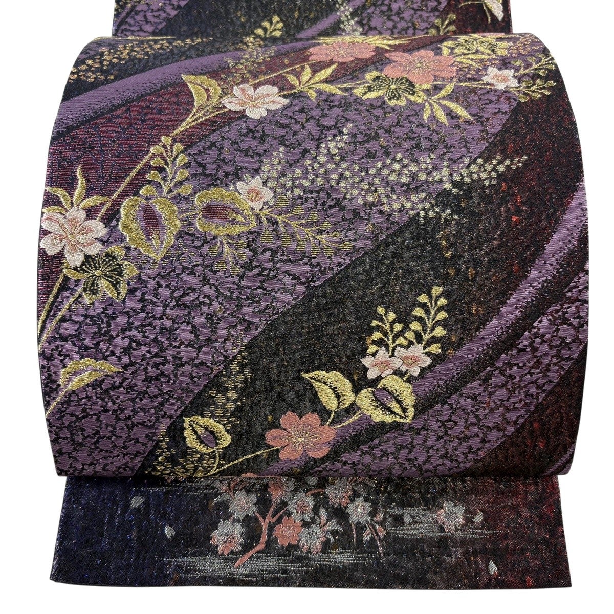 美品】 袋帯 秀品 草花 金銀糸 箔 紫 六通 正絹｜中古・古着