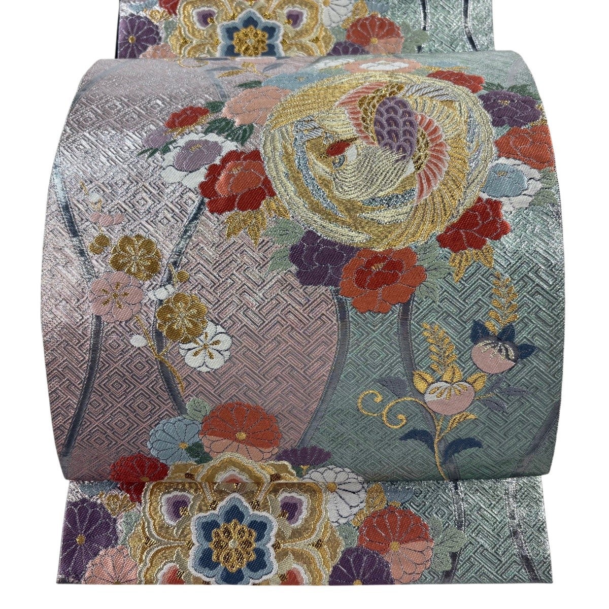 美品】 袋帯 秀品 鳥 草花 金糸 箔 薄ピンク 六通 正絹｜中古・古着