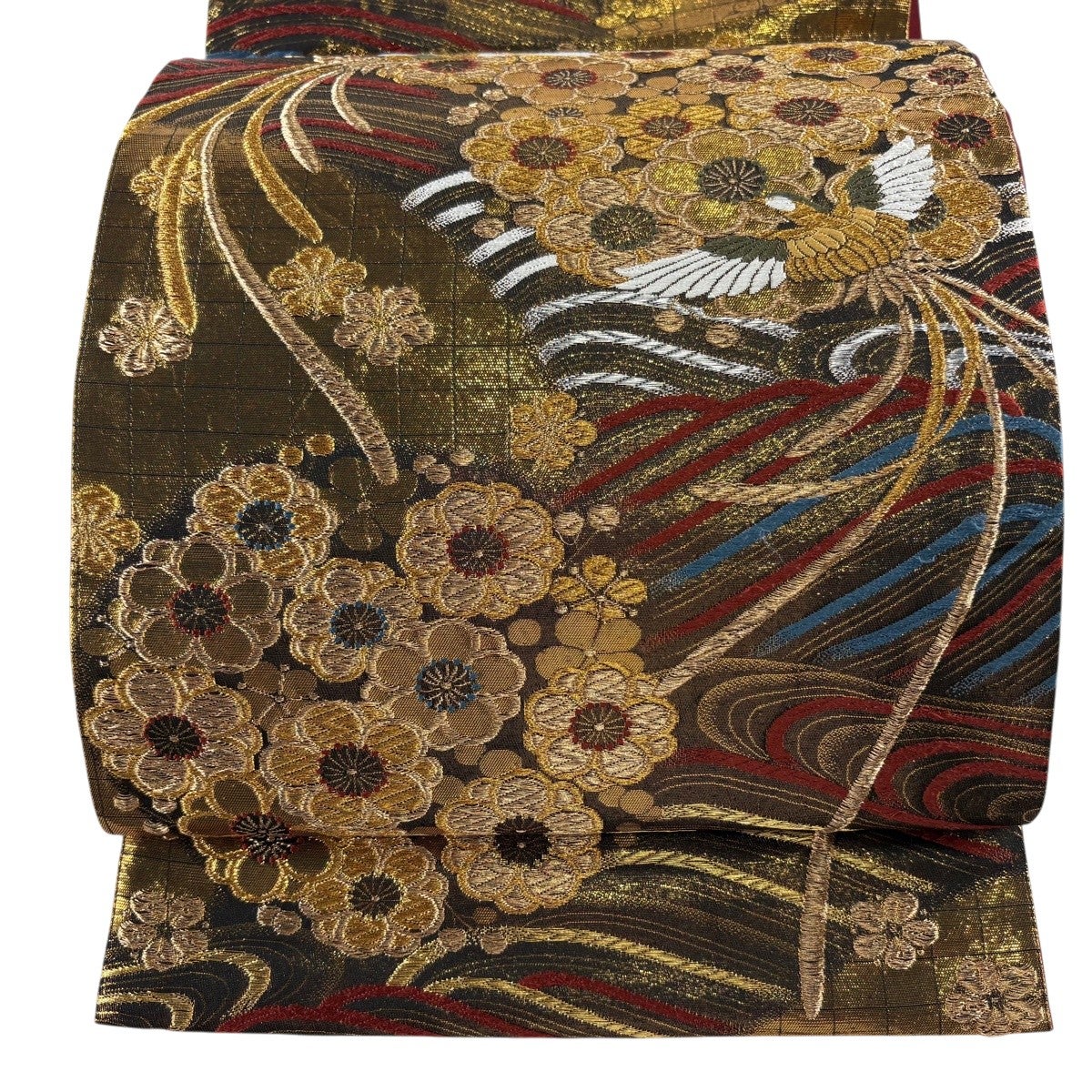 袋帯 秀品 尾長鶏 花 金銀糸 箔 金色 六通 正絹｜中古・古着