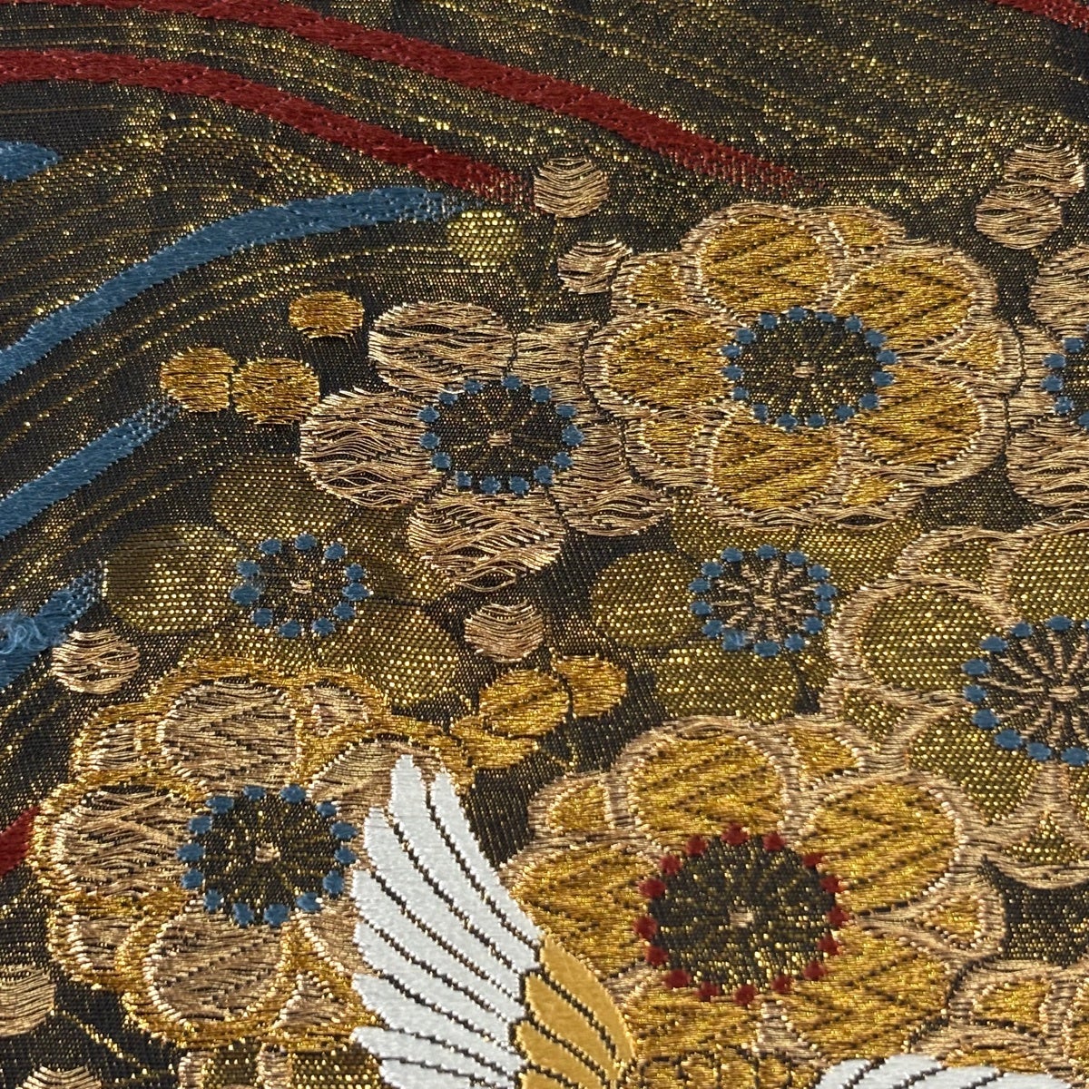 袋帯 秀品 尾長鶏 花 金銀糸 箔 金色 六通 正絹｜中古・古着