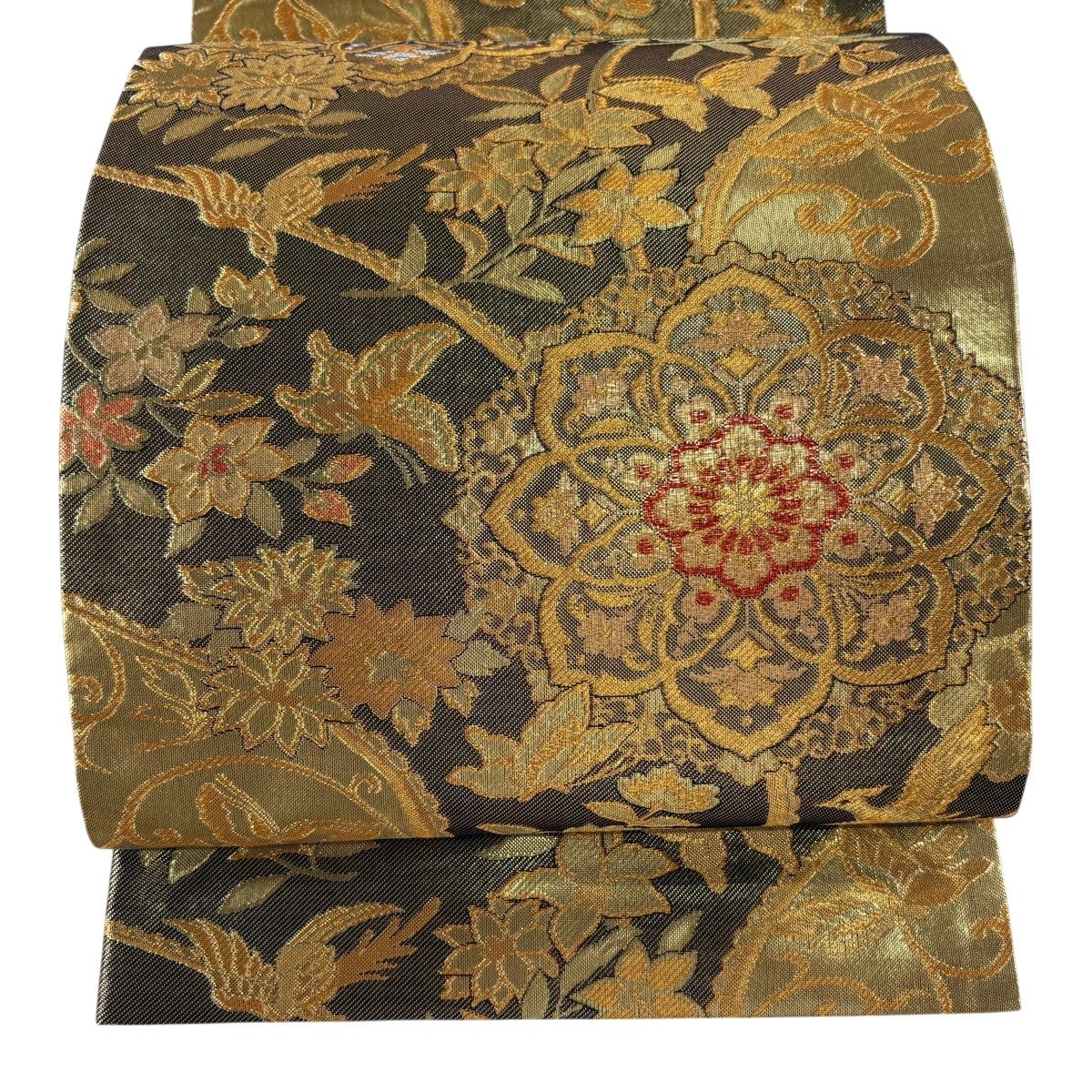 美品】 袋帯 秀品 花蝶 鳥 金糸 箔 金色 六通 正絹｜中古・古着