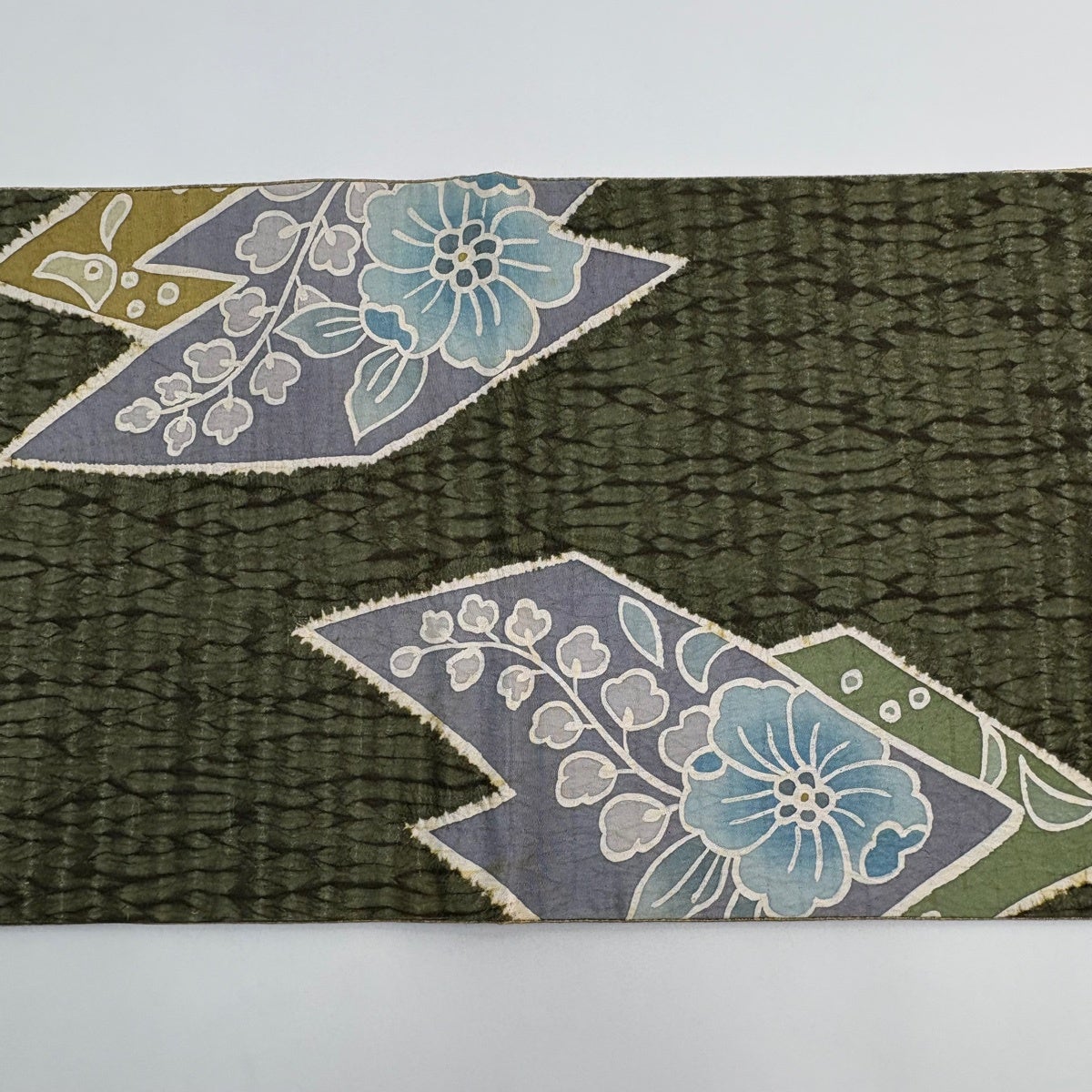 美品】 袋帯 秀品 辻ヶ花柄 幾何学模様 絞り 深緑 お太鼓柄 正絹｜中古