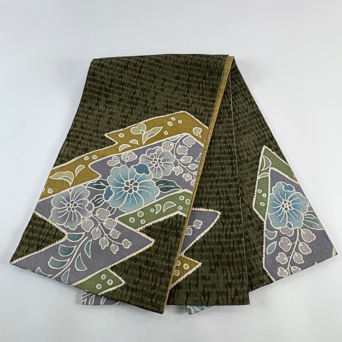 美品】 袋帯 秀品 辻ヶ花柄 幾何学模様 絞り 深緑 お太鼓柄 正絹｜中古