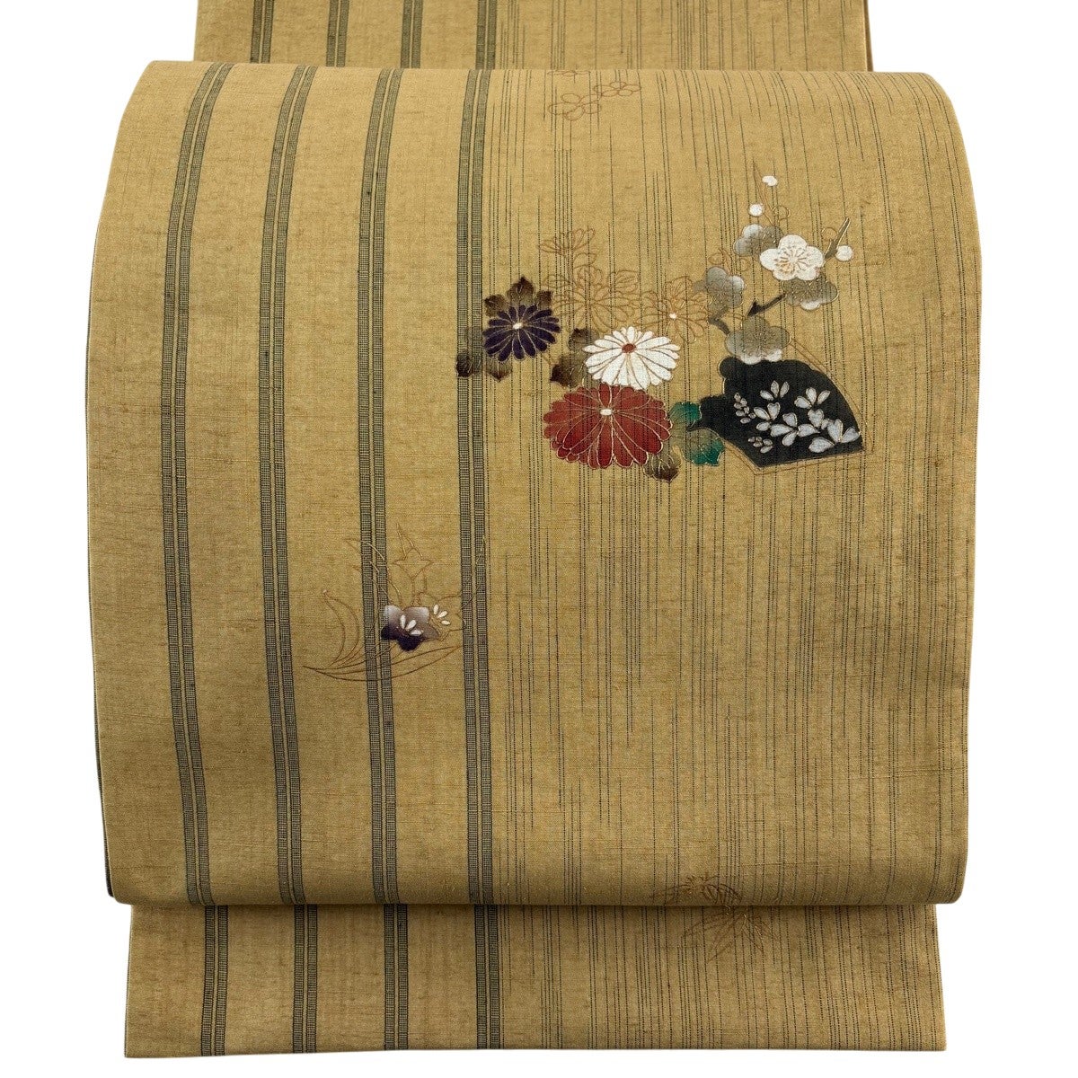 袋帯 秀品 紬地 菊 枝梅 金彩 からし色 お太鼓柄 正絹｜中古・古着