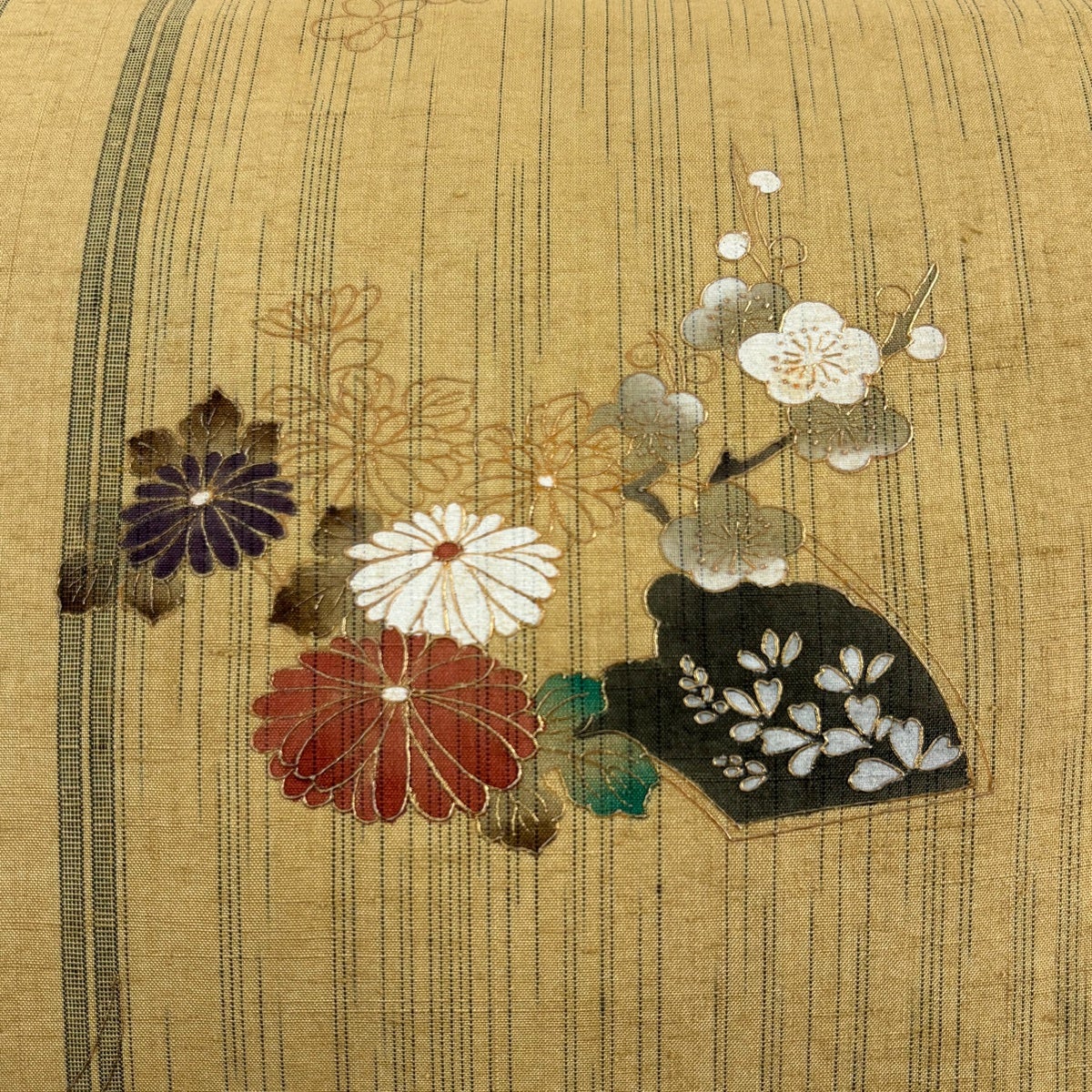 袋帯 秀品 紬地 菊 枝梅 金彩 からし色 お太鼓柄 正絹｜中古・古着