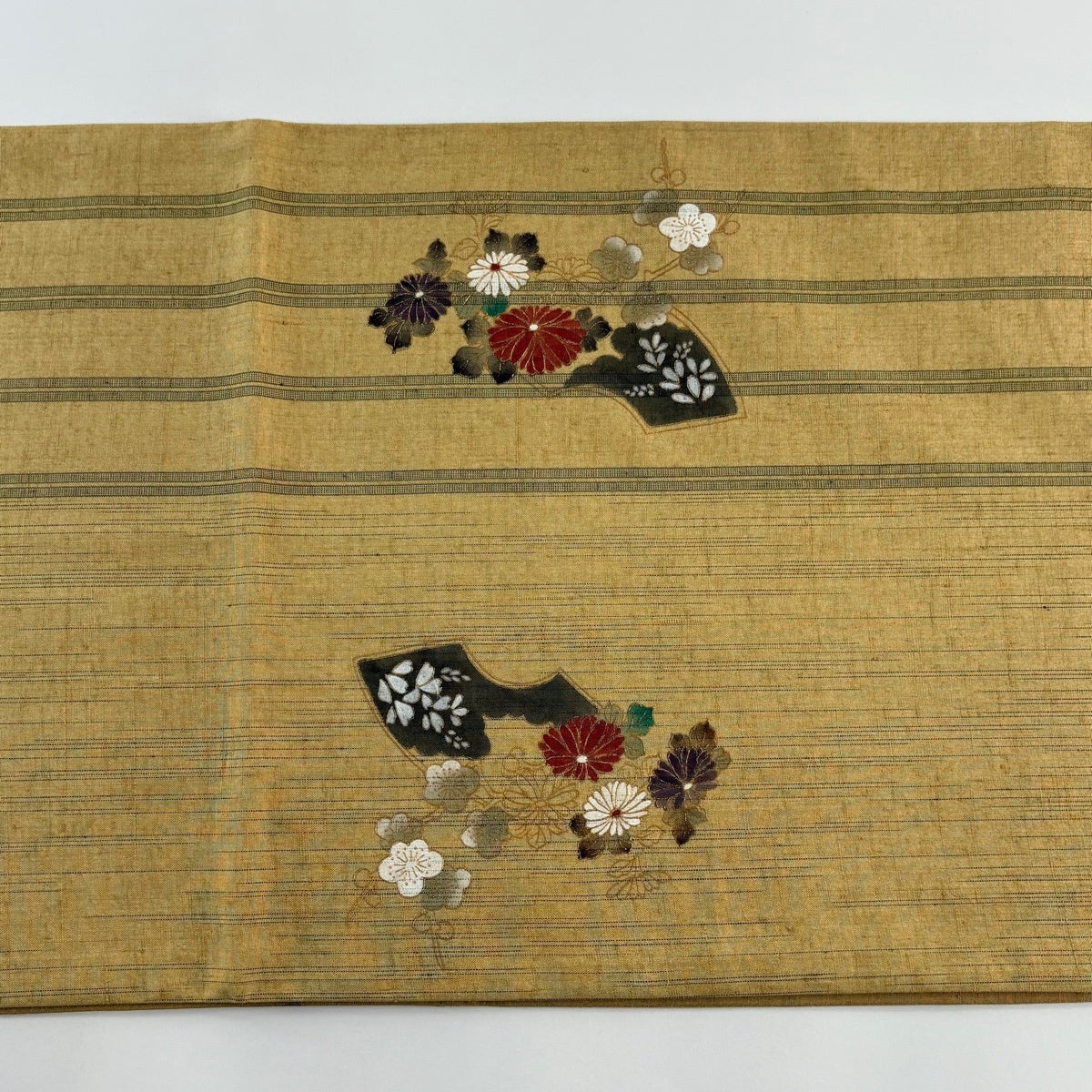 袋帯 秀品 紬地 菊 枝梅 金彩 からし色 お太鼓柄 正絹｜中古・古着