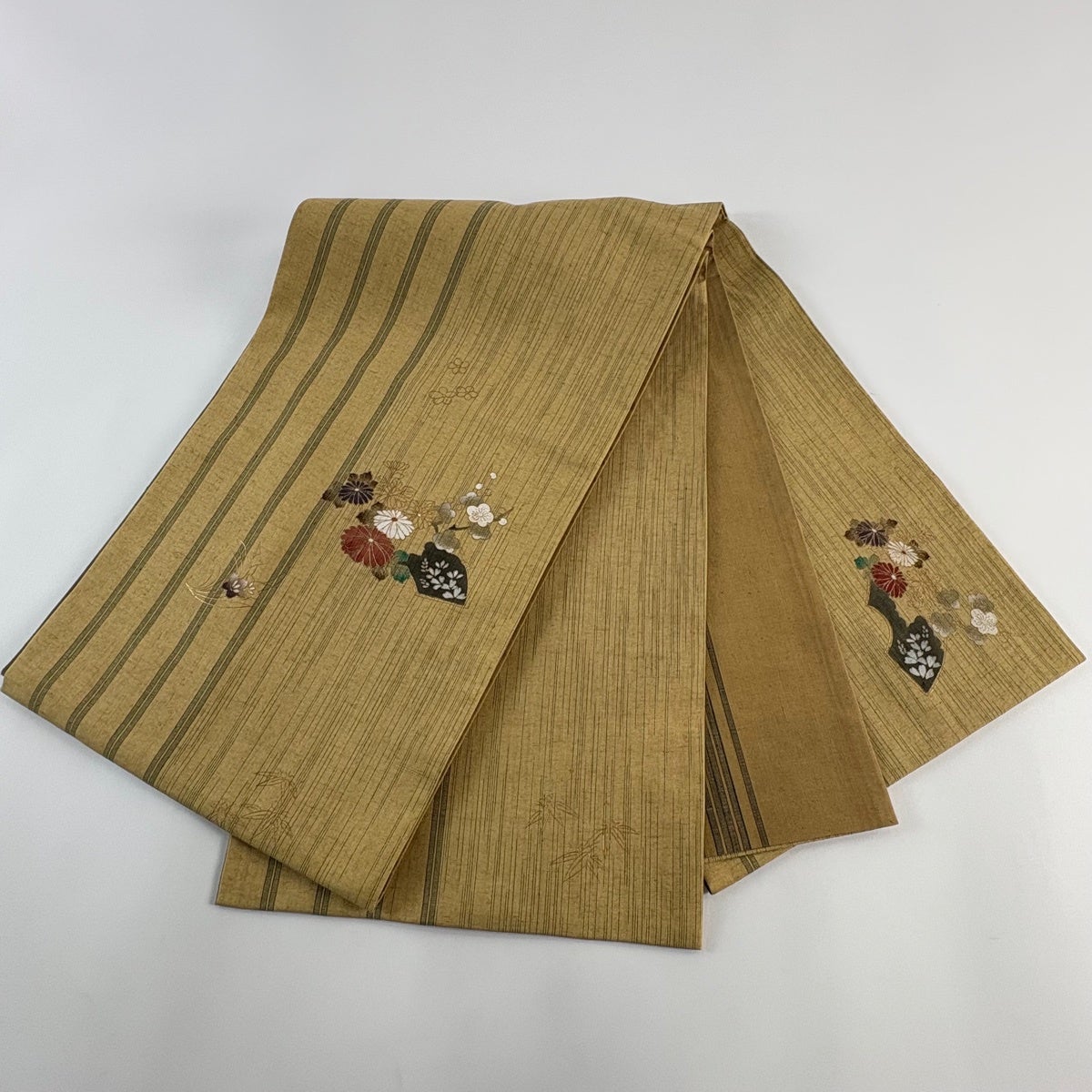 袋帯 秀品 紬地 菊 枝梅 金彩 からし色 お太鼓柄 正絹｜中古・古着